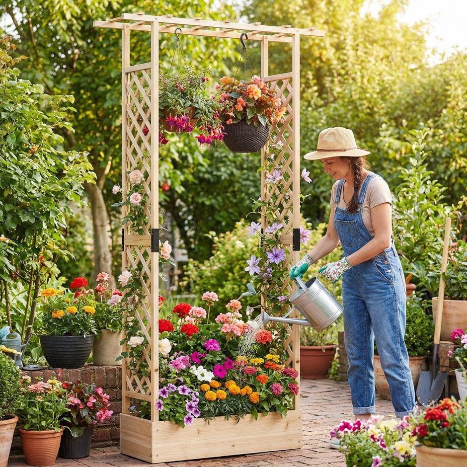Blomlåda – med rankställning Plantlåda rankstöd och Hängande tak Avskärmning Naturfärgad – Natur