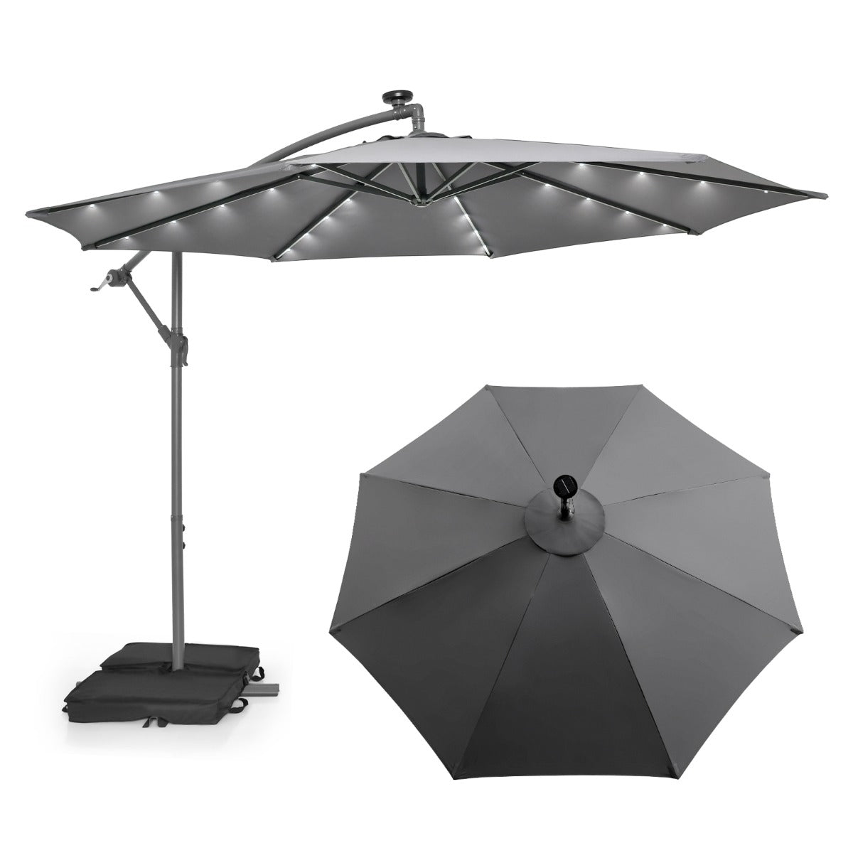 Fribärande – parasoll med solar LED lampor och sandsäckar vev UV skydd – 40 Ø 300 cm – Grå