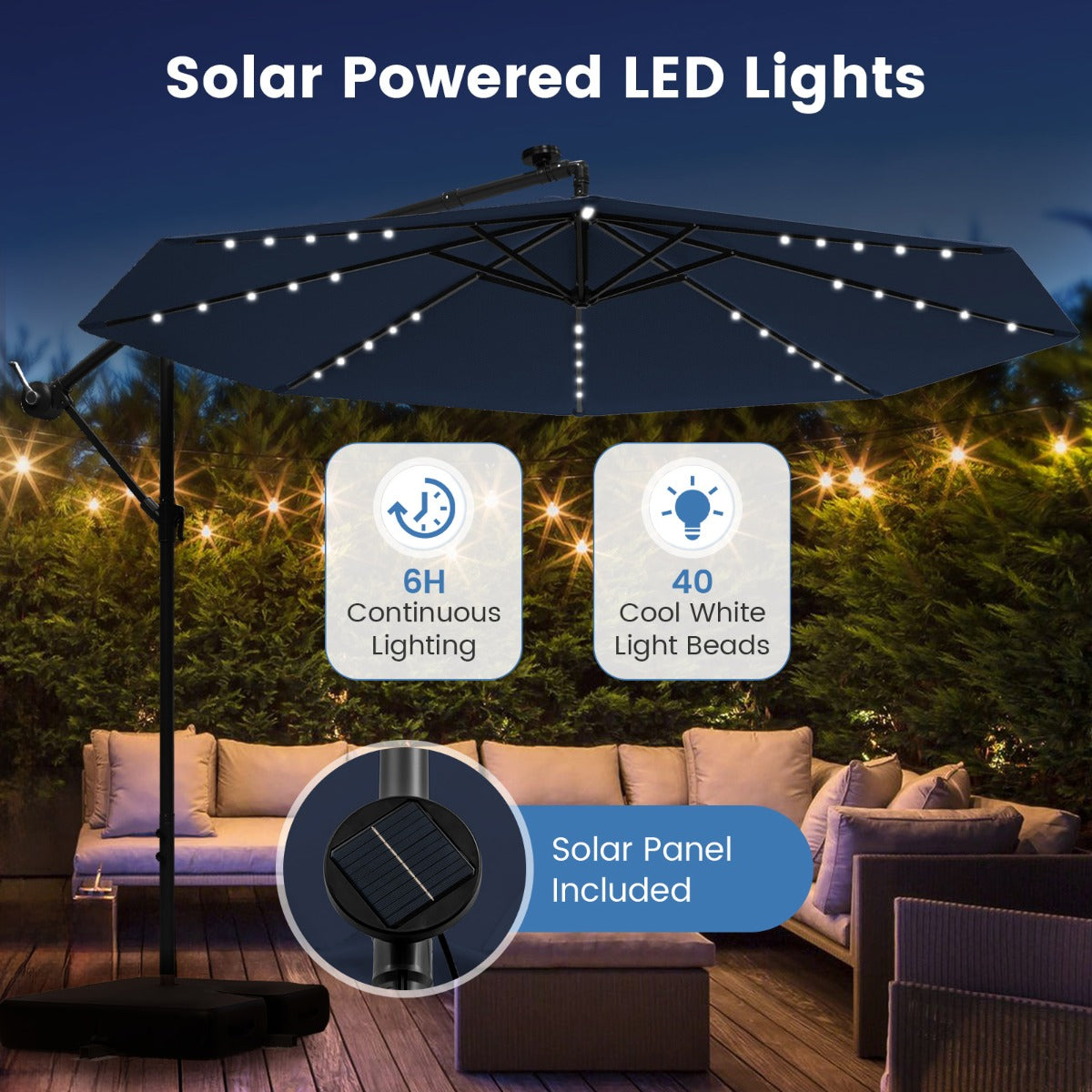 Fribärande – paraply med solar LED lampor och sandsäckar vev UV skydd parasoll – 40 Ø 300 cm – Blå