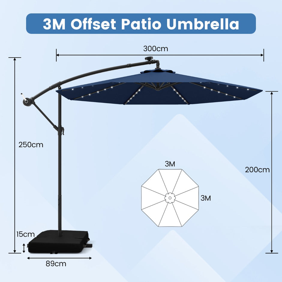 Fribärande – paraply med solar LED lampor och sandsäckar vev UV skydd parasoll – 40 Ø 300 cm – Blå