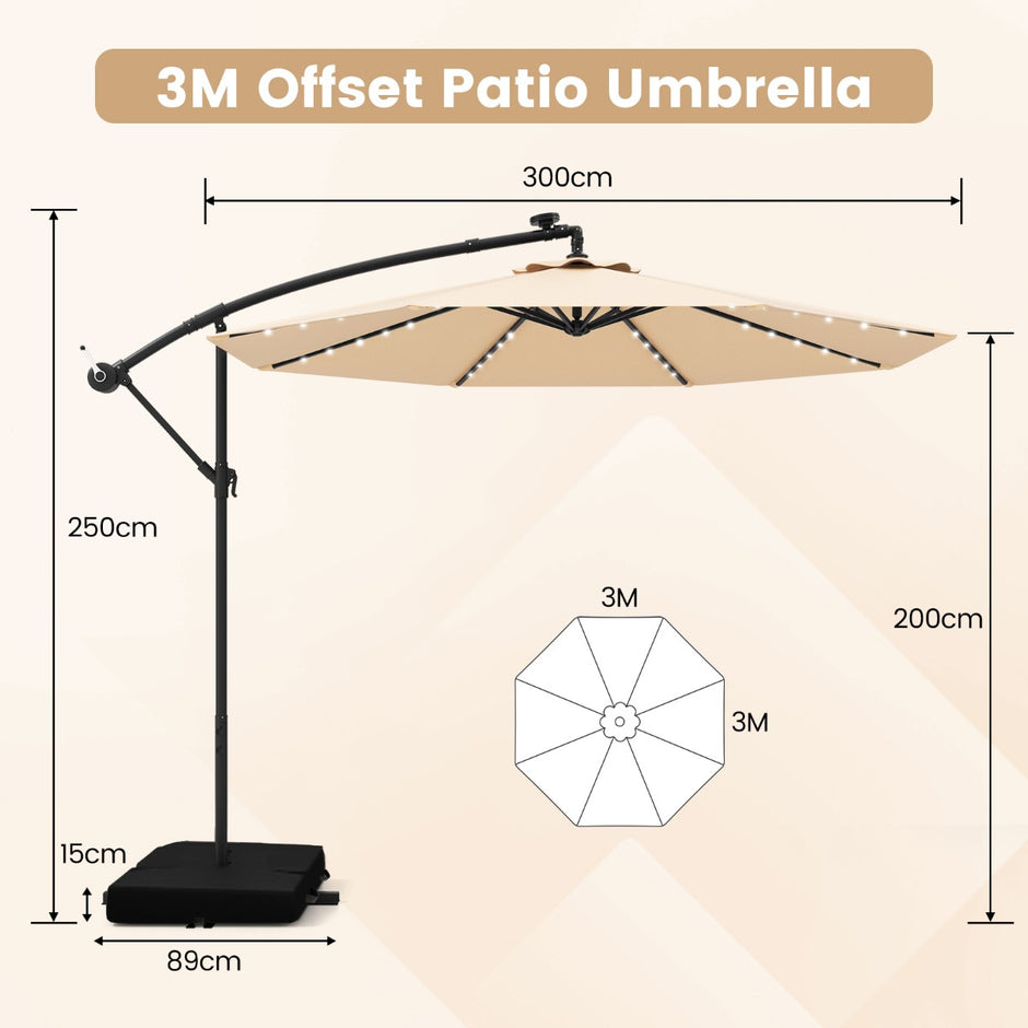 Fribärande – parasoll med solar LED lampor och sandsäckar vev UV skydd – 40 Ø 300 cm – Beige