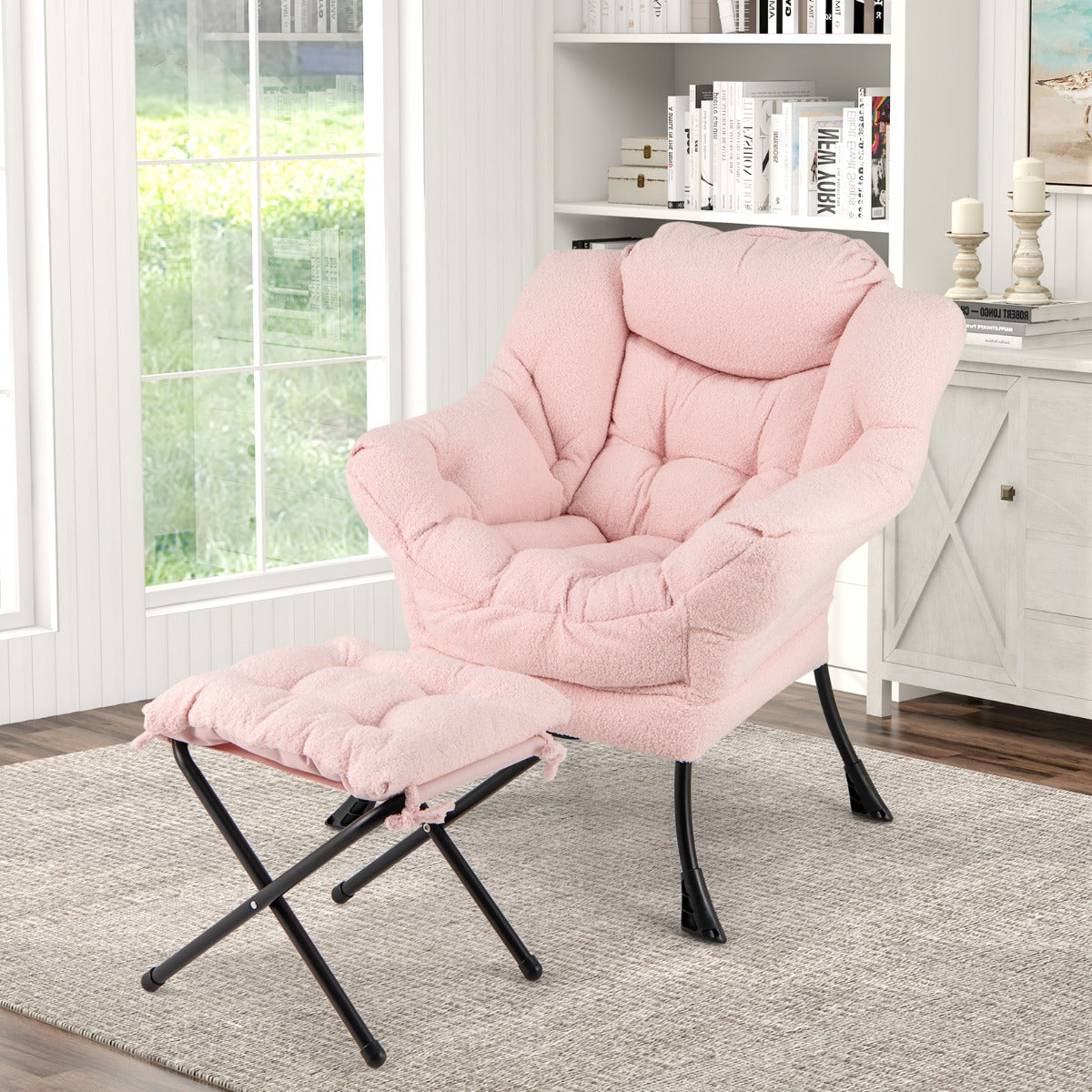 Fåtölj – med armstöd och sidoficka fotstöd pall relaxstol lounge TV – Rosa
