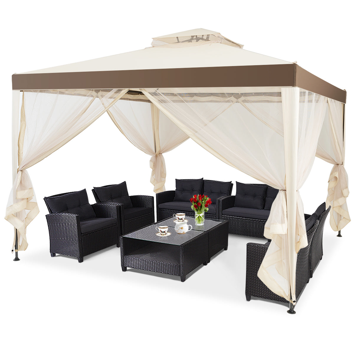 Trädgårdspaviljong – Trädgårdstält Camping Partytält med sidoväggar – 4 300 x 300 x 265 cm – Beige
