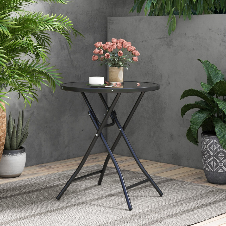 Runt – bistrobord med härdat glasbord och robust metallram – Ø 59 cm – Svart