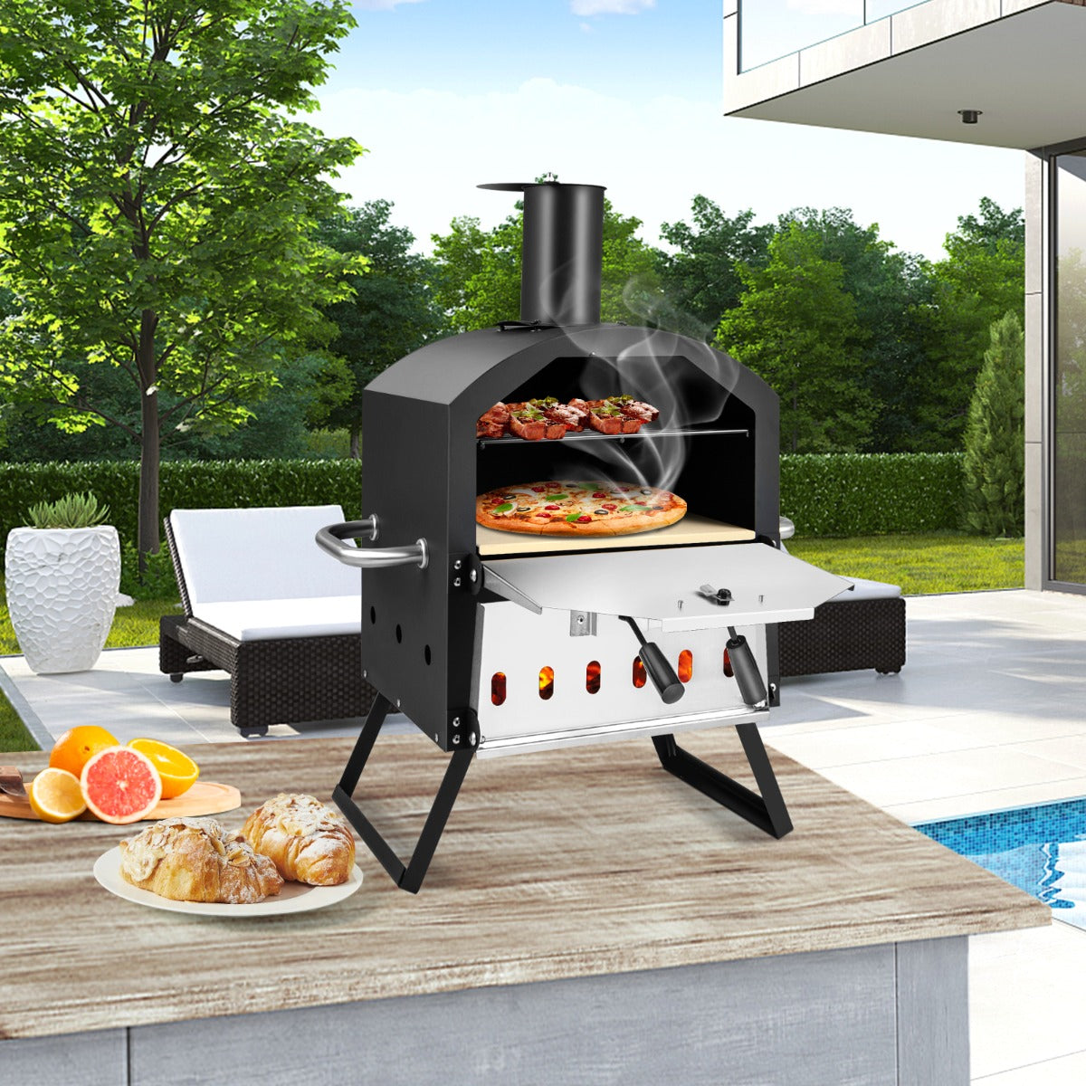 lagers – pizzaugn med grillställ och pizzasten pizzaskyffel vattentätt lock – 2 – Svart och silver
