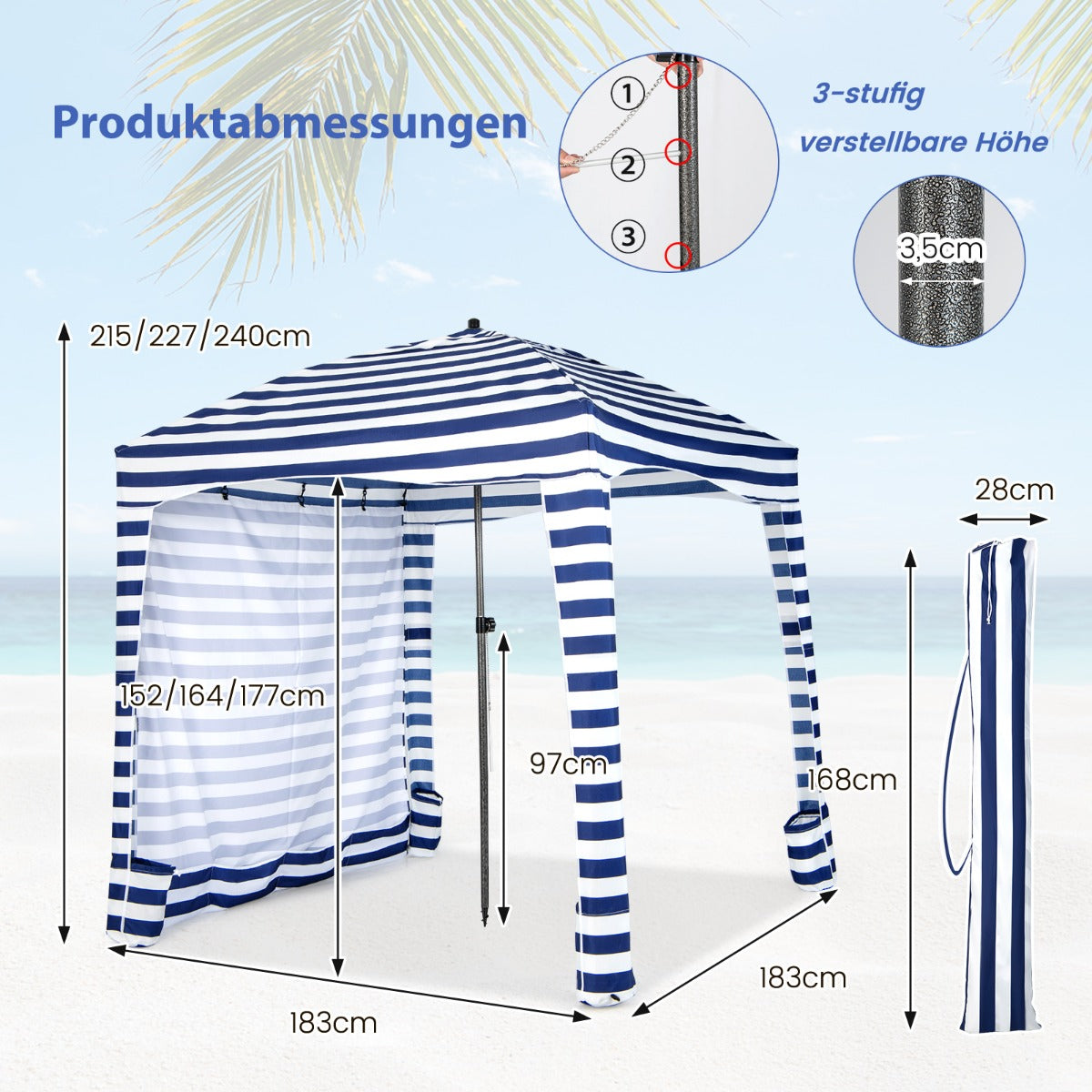Solskydd – med avtagbar sidovägg och sandsäckar bärväska – 8 183 x 183 cm – Blå och vit