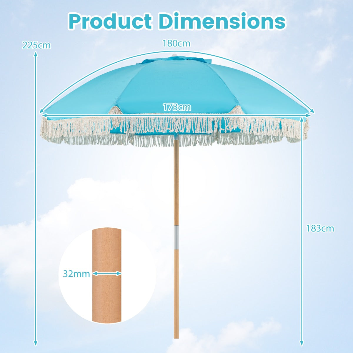 Boho – Parasol Vinkelbarm 30° i båda riktningar med Franser – 170 cm – Blå