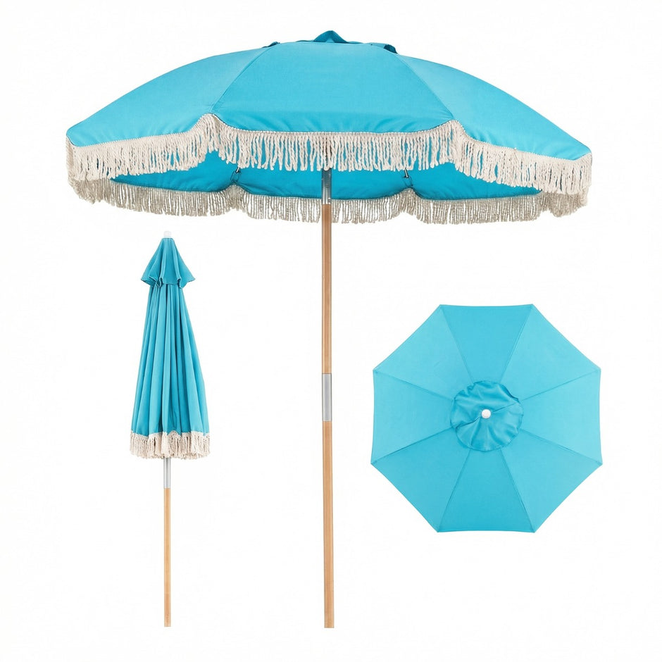 Boho – Parasol Vinkelbarm 30° i båda riktningar med Franser – 170 cm – Blå