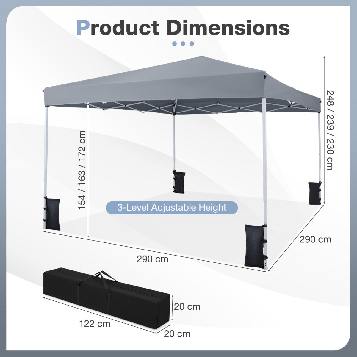 Pop – up paviljong, höjdjusterbar och hopfällbar, med tillbehör för camping strand – 290 x 290 cm – Grå