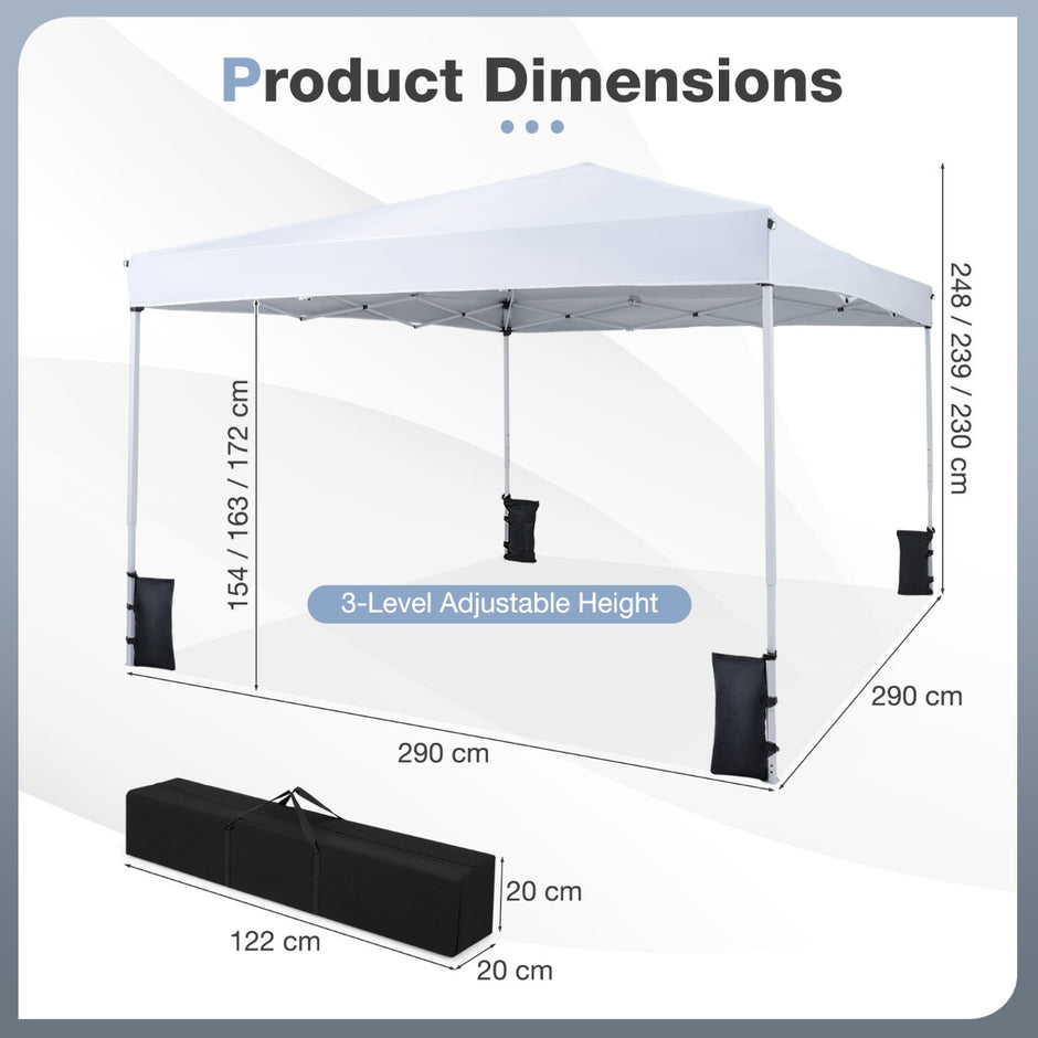 Pop – up paviljong, höjdjusterbar och hopfällbar med tillbehör, för camping strand – 290 x 290 cm – Vit
