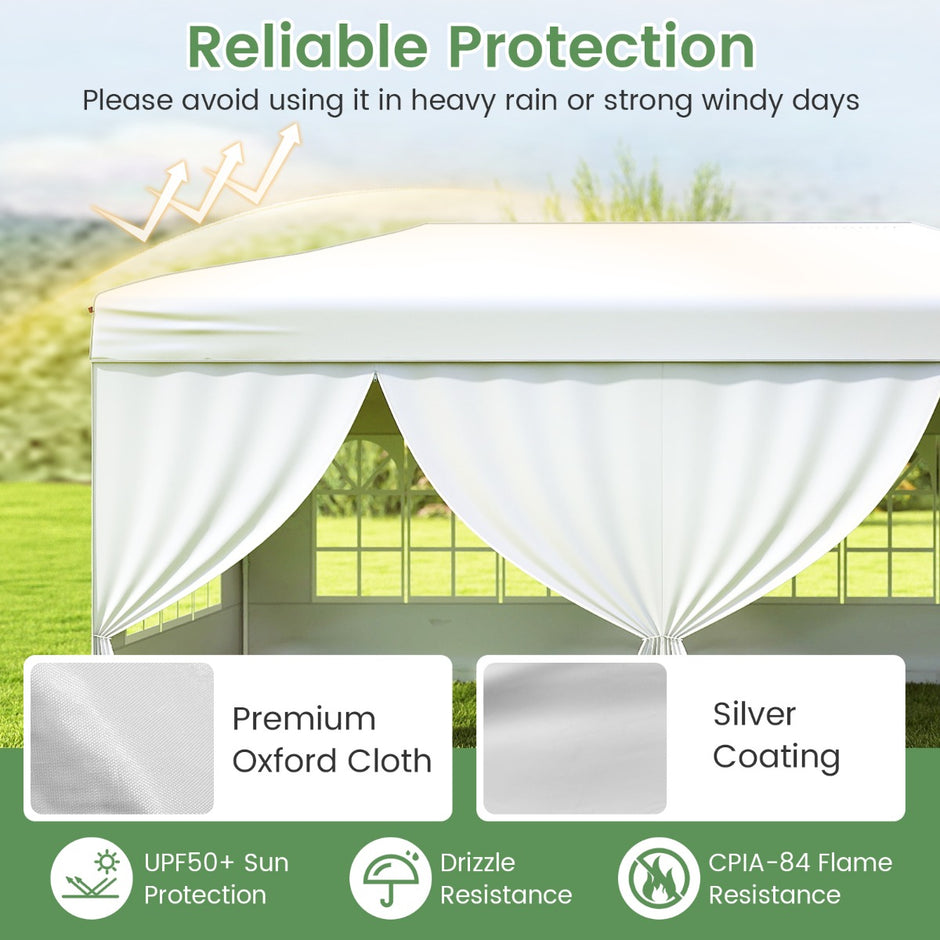 Pop – up paviljong hopfällbar med metallram sex sidoväggar och sandsäckar – 3 x 6 m – Vit