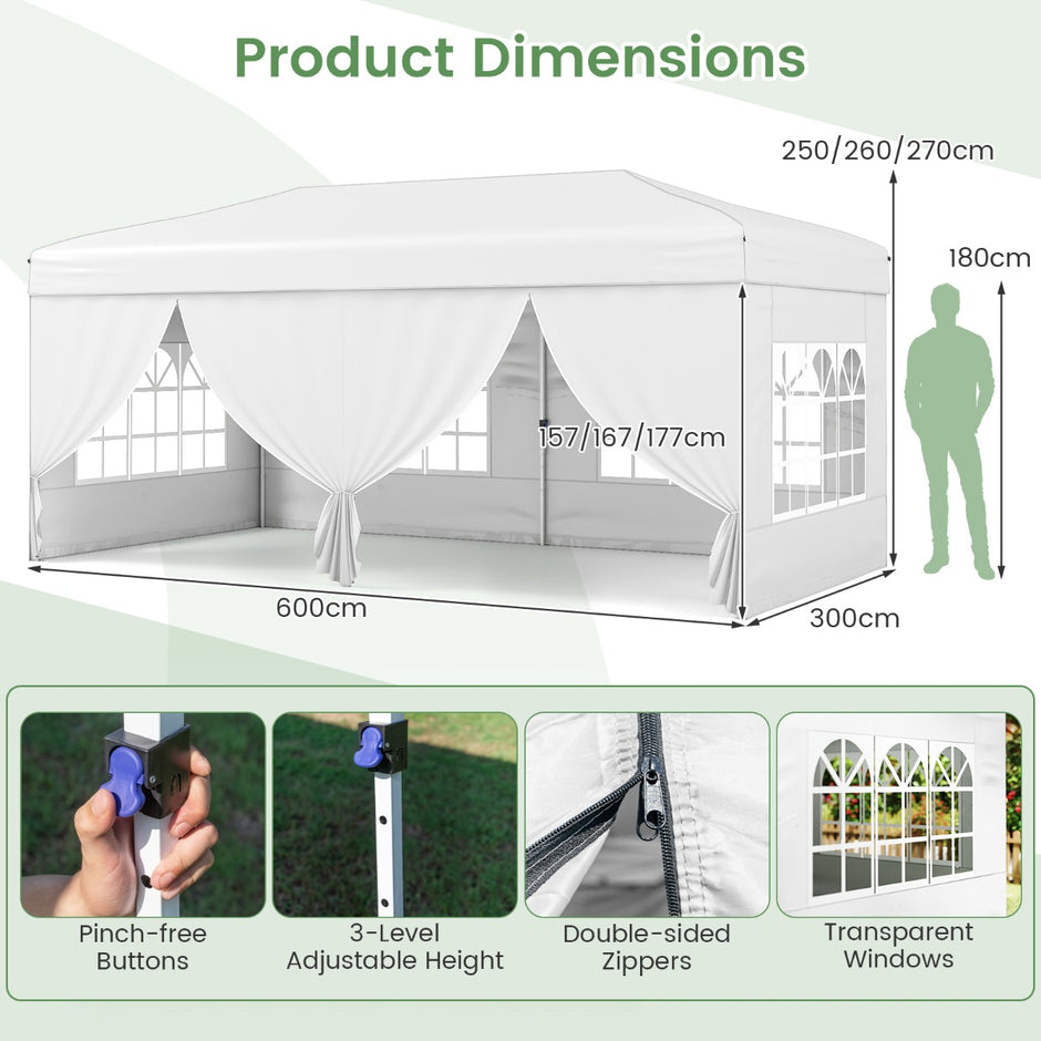 Pop – up paviljong hopfällbar med metallram sex sidoväggar och sandsäckar – 3 x 6 m – Vit