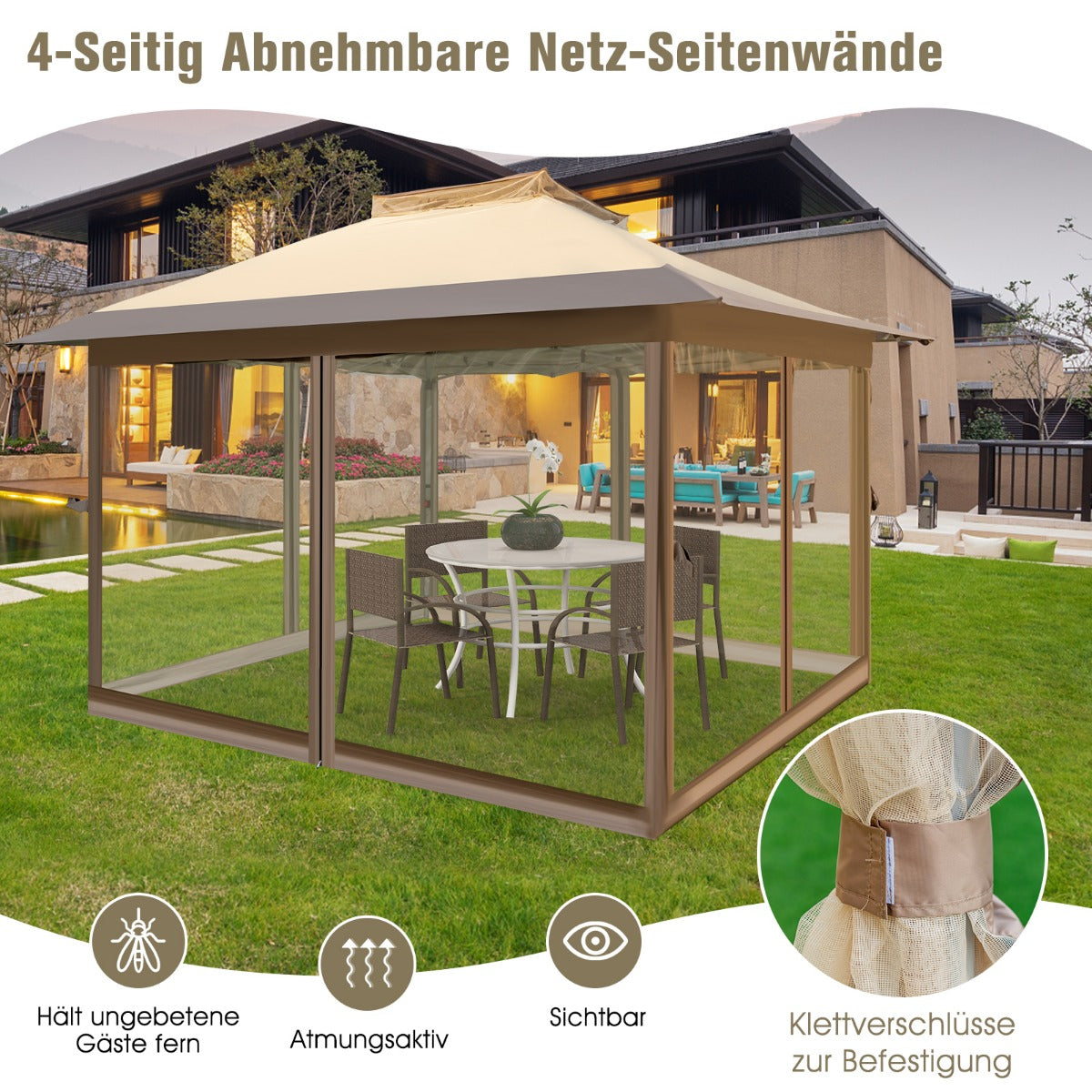 Lusthus – med myggnät och dubbeltak UV skydd 50+ hopfällbart – 3,6 x 3,6 m – Khaki