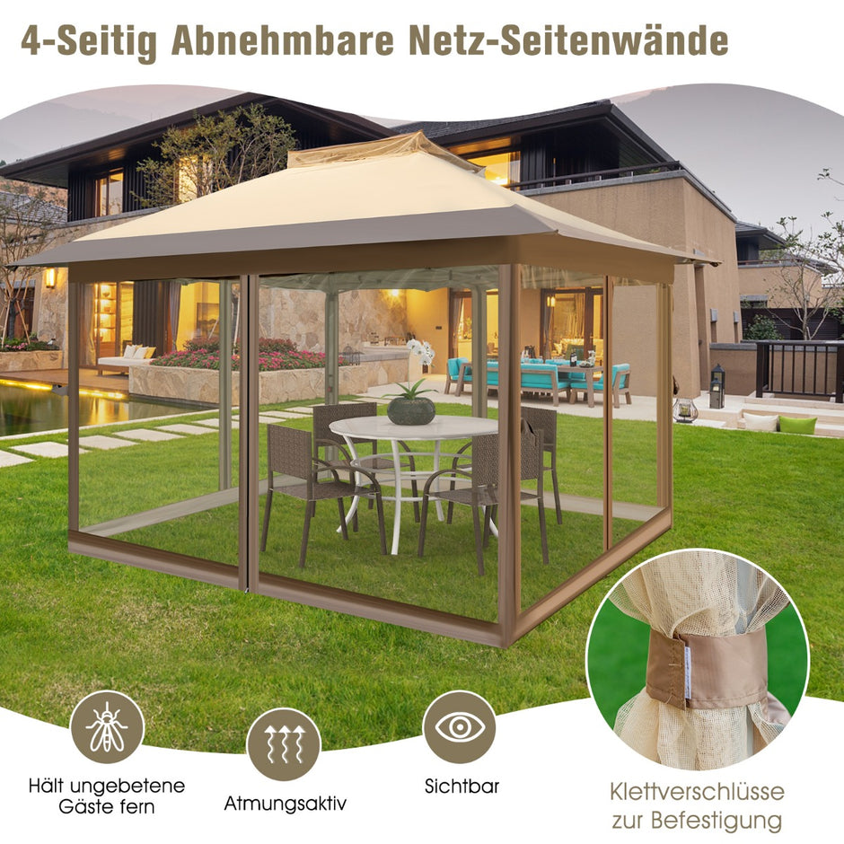 Lusthus – med myggnät och dubbeltak UV skydd 50+ hopfällbart – 3,6 x 3,6 m – Khaki