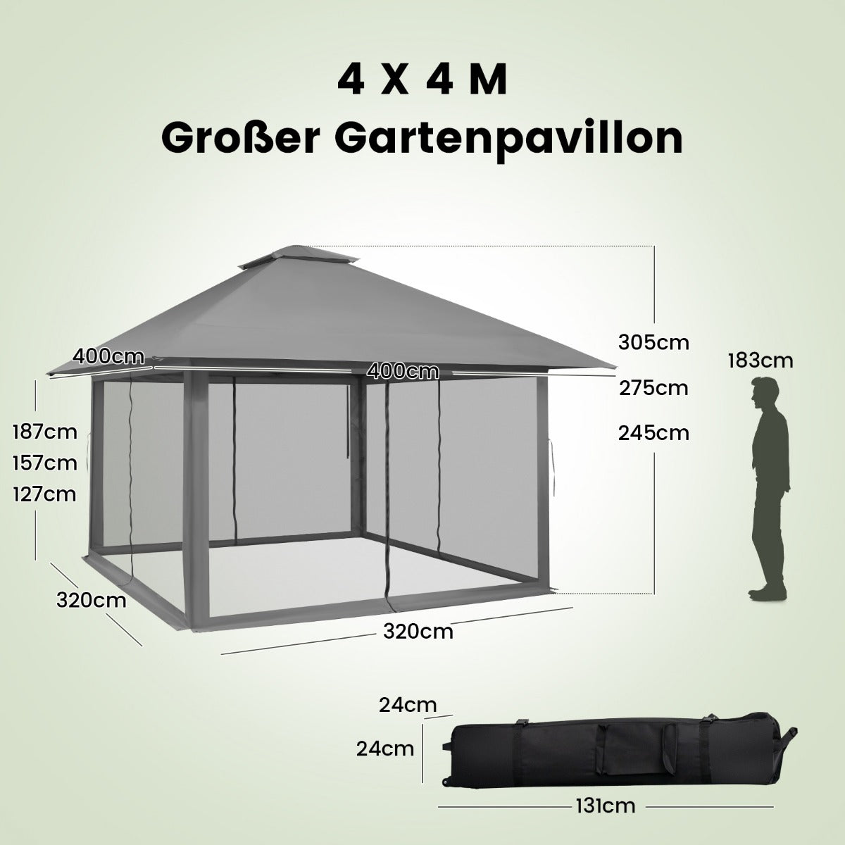 Paviljong – med Mesh sidoväggar UV skydd 50+ – 4 x 4 m – Grå