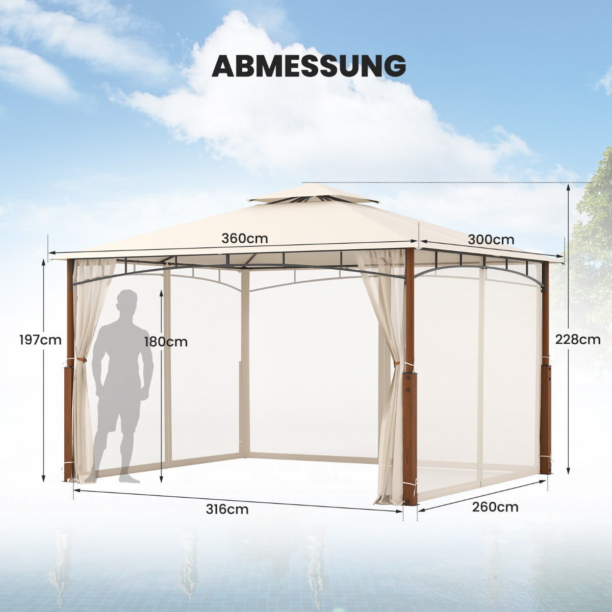 Paviljong – med dubbeltak och myggnät Vattentätt partytält – 3,6 x 3 m – Beige