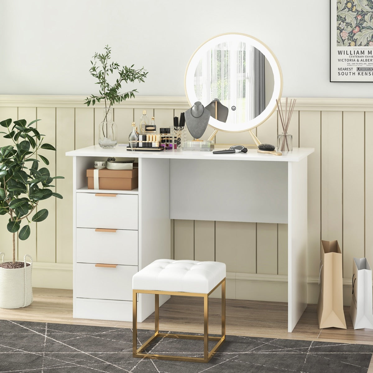 Skrivbord – med lådor och Laddstation Datorbord Modernt kontorsbord – 3 – Vit