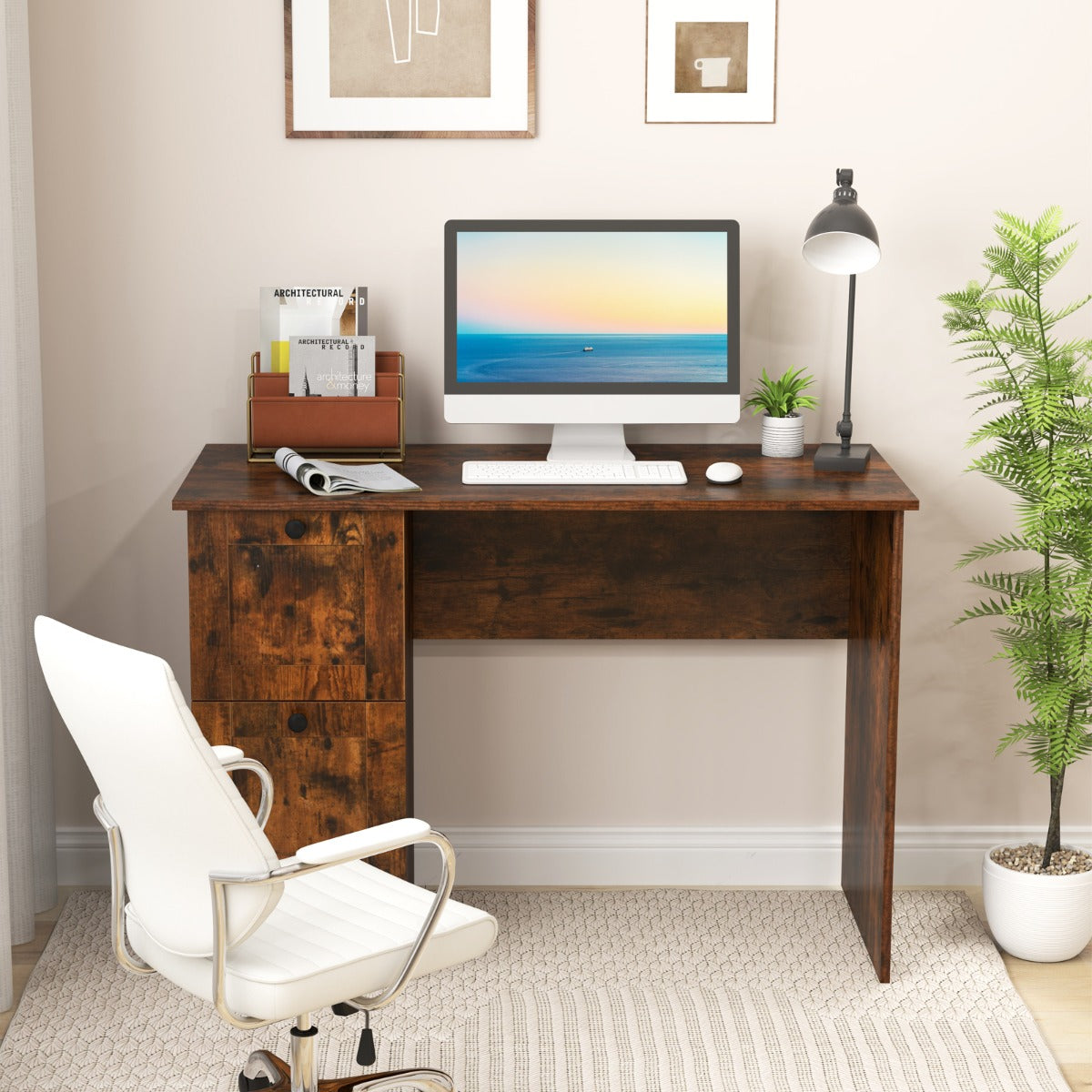 Datorbord – med lådor Skrivbord Robust spelbord Sminkbord Laptopbord – 2 – Brun