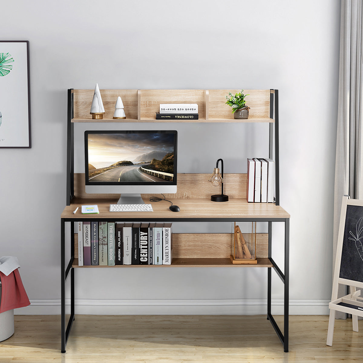 Datorbord – med förvaring och bokhylla justerbara fotkuddar Skrivbordsarbetsbord Naturell – Natur