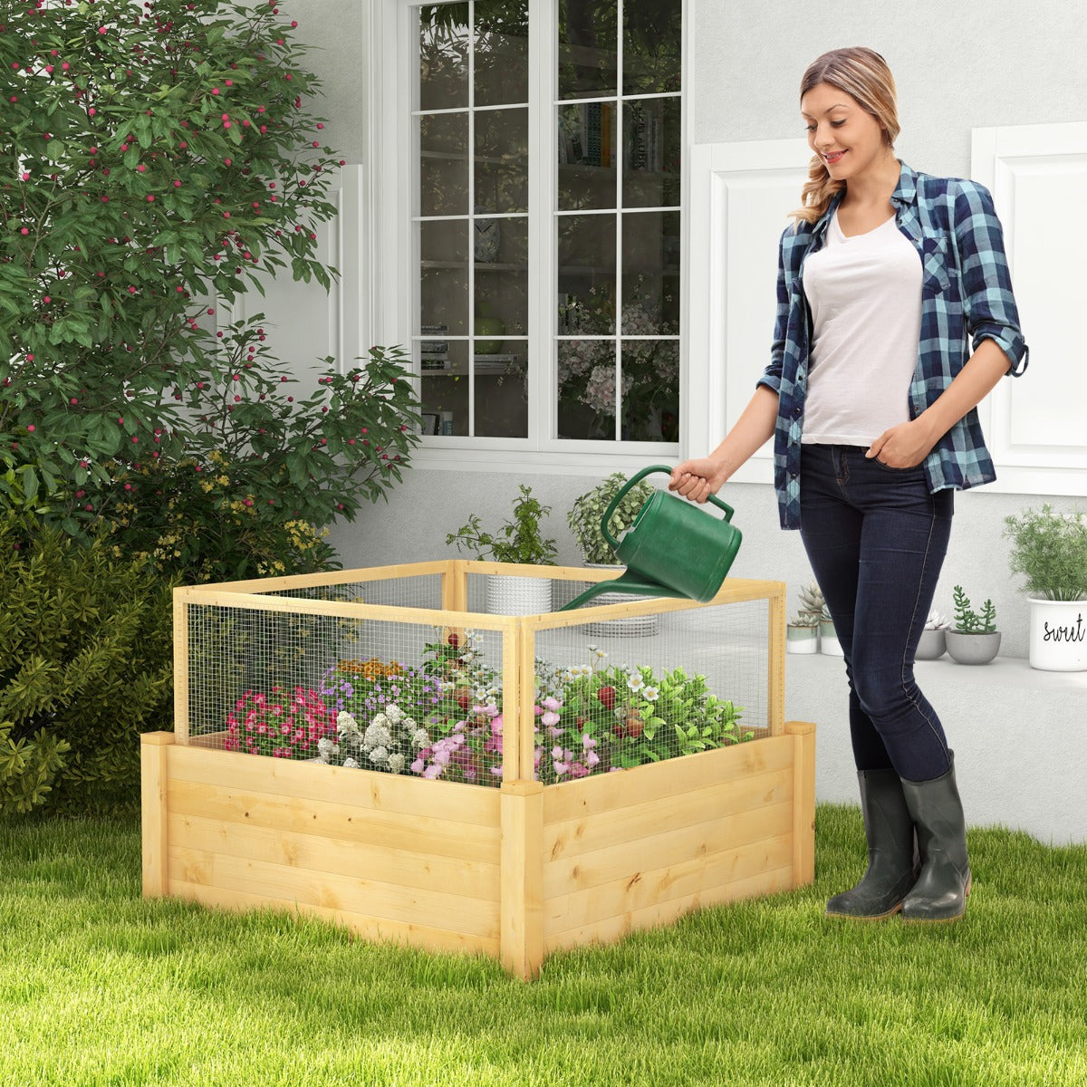 Upphöjd – bädd med staket Träkruka sidigt och växtgaller – 4 107 x 107 x 70 cm – Natur