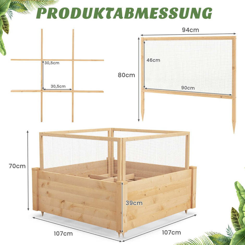 Upphöjd – bädd med staket Träkruka sidigt och växtgaller – 4 107 x 107 x 70 cm – Natur