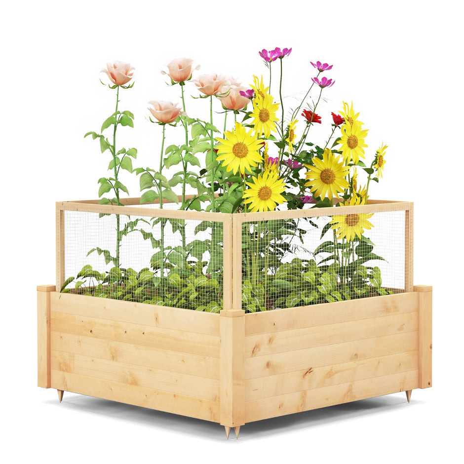 Upphöjd – bädd med staket Träkruka sidigt och växtgaller – 4 107 x 107 x 70 cm – Natur