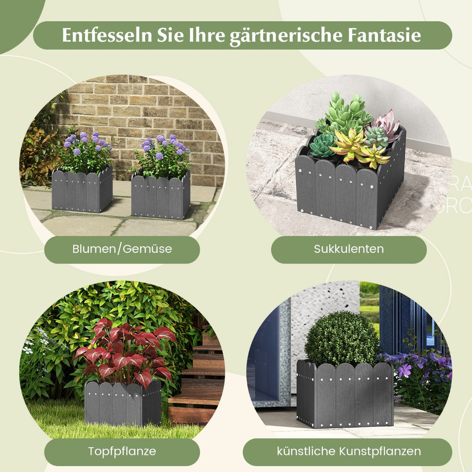 Set – med krukor, väderbeständig, HDPE trädgårdsblomstlåda, rektangulär, – 2 32 x 30 x 25 cm – Grå