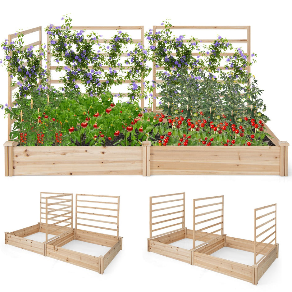 Upphöjd – säng av gran med spaljé blomlåda – 222 x 114 x 110 cm – Natur