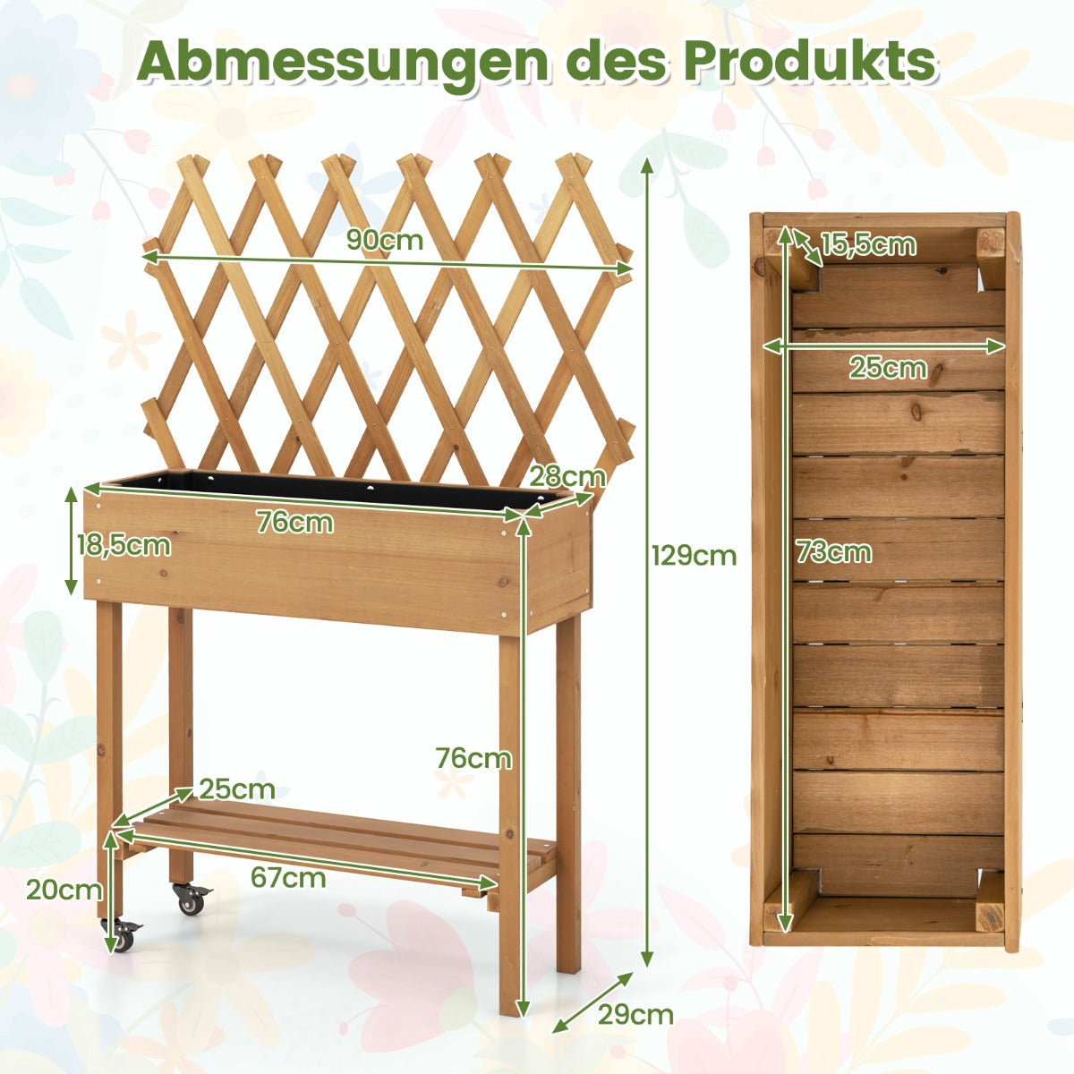Upphöjd – bädd på hjul med hylla och spaljé tygfoder rabatt – 90 x 29 x 129 cm – Natur
