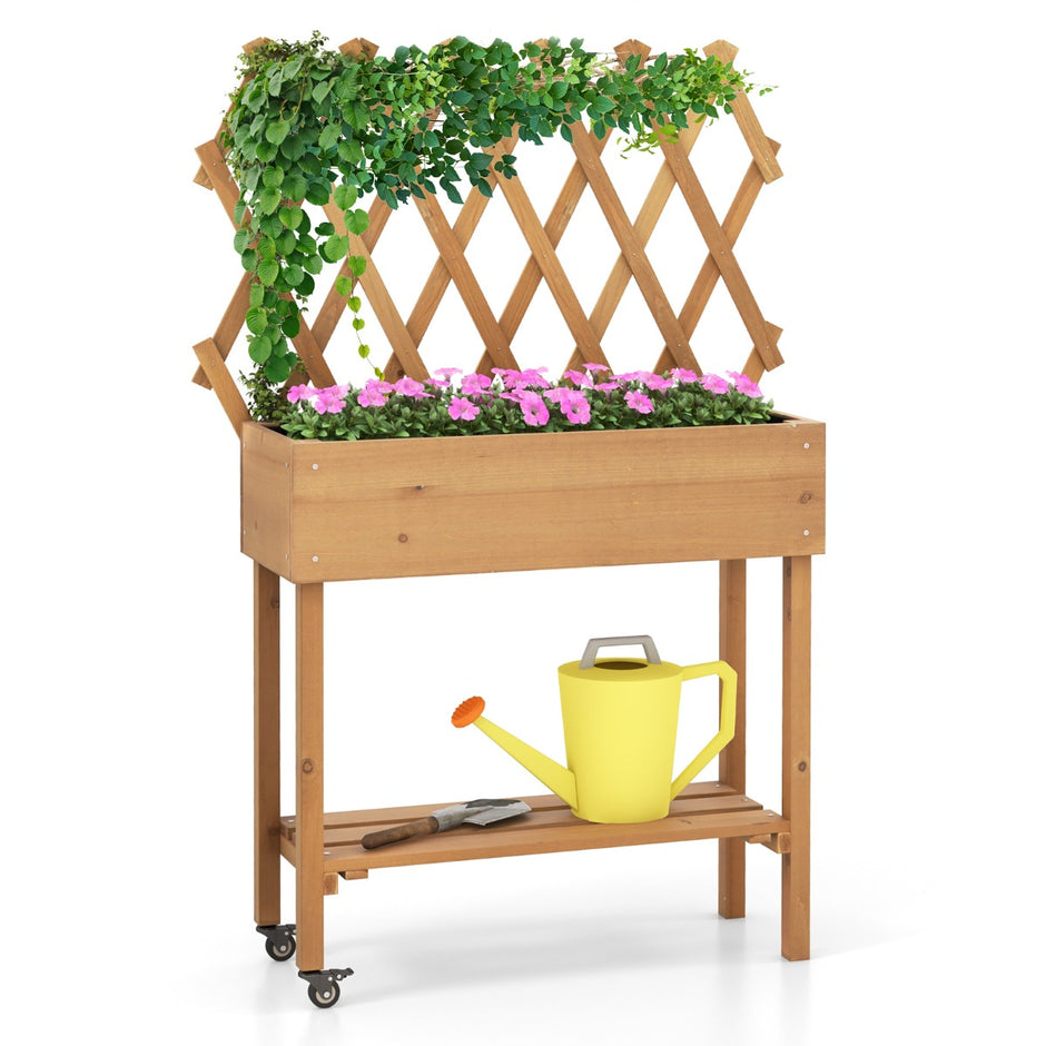 Upphöjd – bädd på hjul med hylla och spaljé tygfoder rabatt – 90 x 29 x 129 cm – Natur