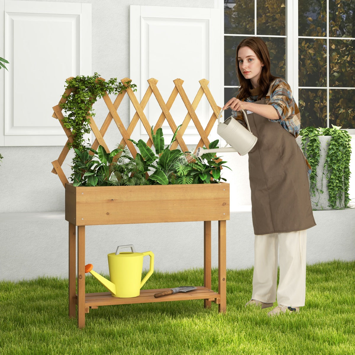 Upphöjd – bädd på hjul med hylla och spaljé tygfoder rabatt – 90 x 29 x 129 cm – Natur