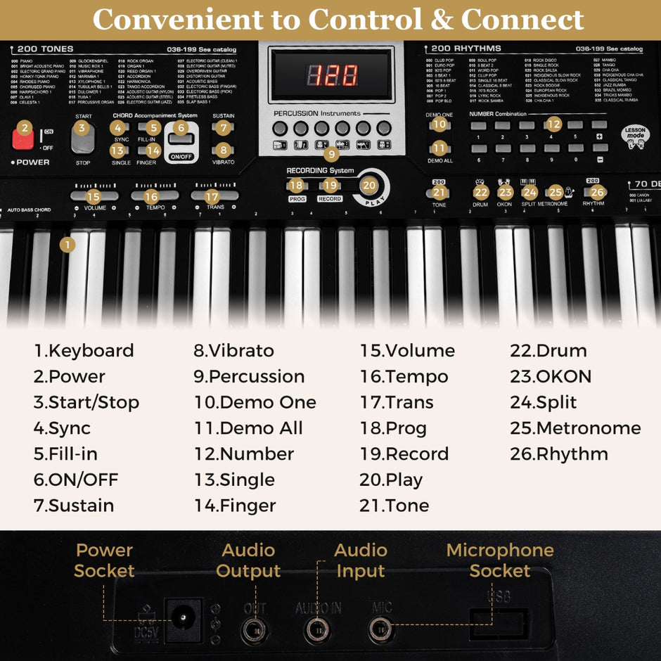 tangenter – Pianokeyboard för nybörjare Elektroniskt keyboardset med höjdjusterbart stativ – 61 – Svart