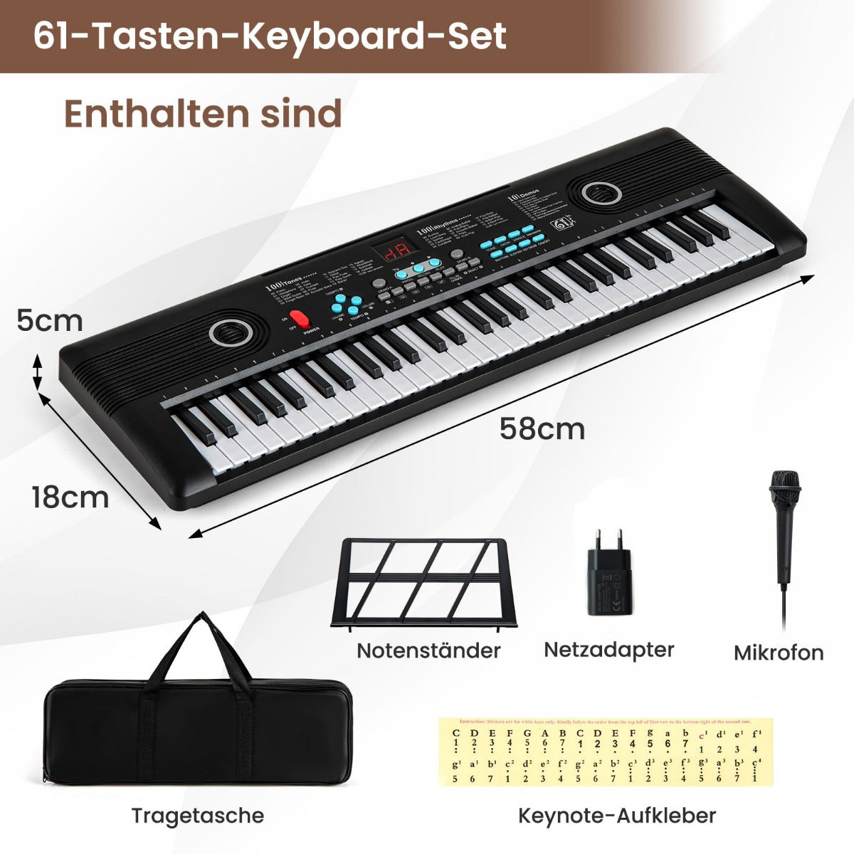 tangents – piano keyboard med stativ och mikrofon bärväska digital E – 61 – Svart