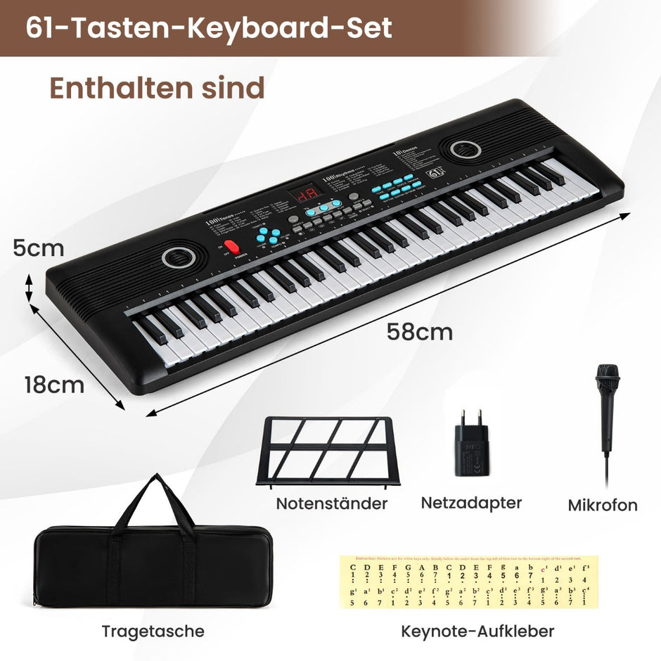 tangents – piano keyboard med stativ och mikrofon bärväska digital E – 61 – Svart