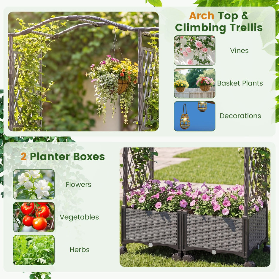 i – Blomlåda med Klätterställning och Hängande Tak Rosenbåge Odlingslåda – 2 1 2 – Brun