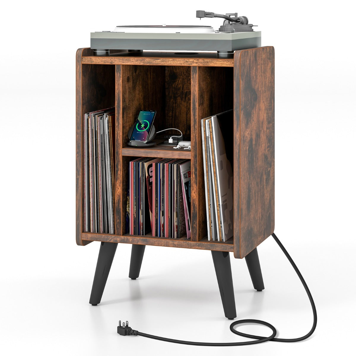 Skivspelarställ – med laddstation och öppna hyllor Vinylskivor Skivspelarbord Vintage – 4 – Rustik brun