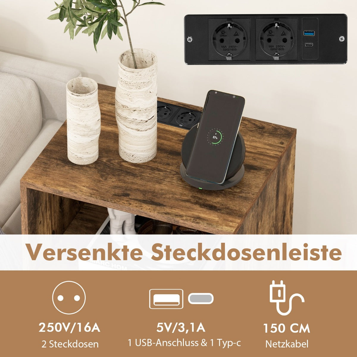 Skivspelaresstativ – med laddstation vånings skivstativ Rustikbrun – 3 48 x 40 x 88 cm – Rustik brun