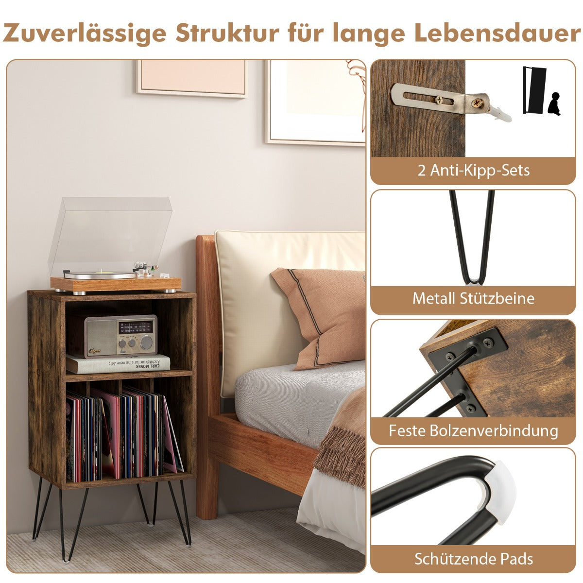 Skivspelaresstativ – med laddstation vånings skivstativ Rustikbrun – 3 48 x 40 x 88 cm – Rustik brun