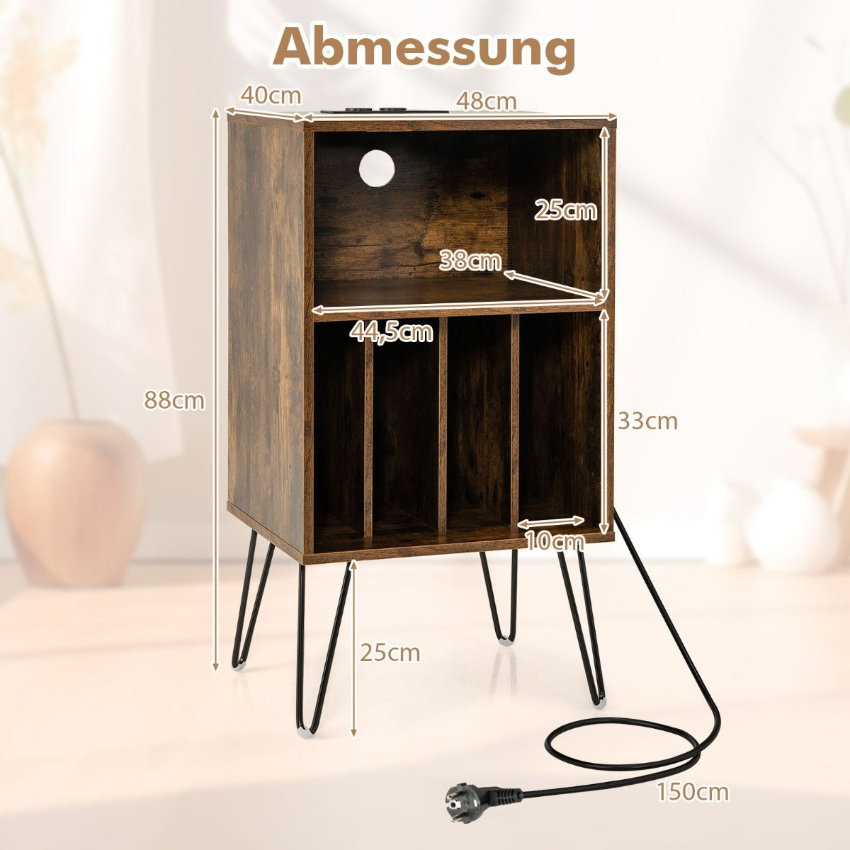Skivspelaresstativ – med laddstation vånings skivstativ Rustikbrun – 3 48 x 40 x 88 cm – Rustik brun