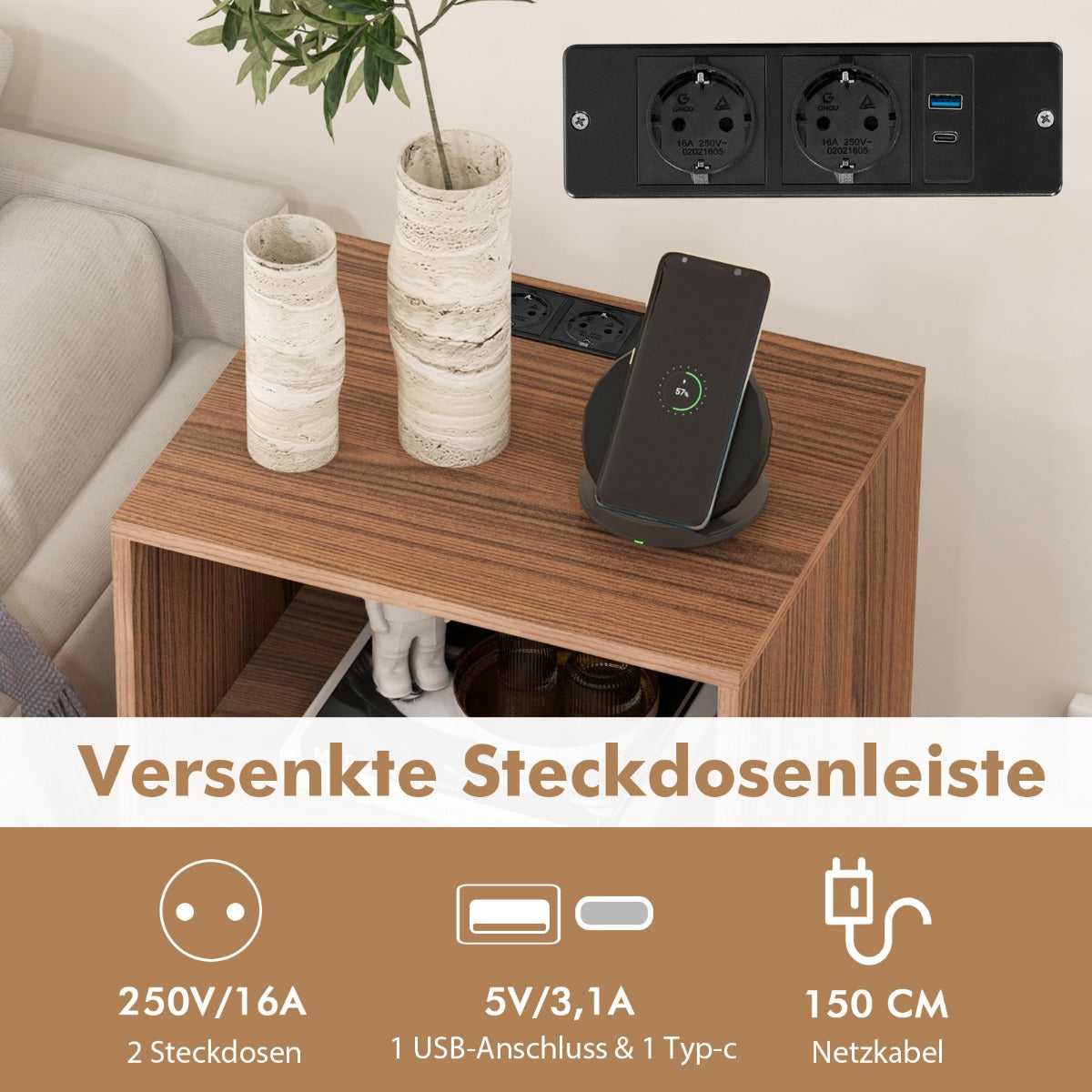 Skivspelarestativ – med laddstation vånings skivstativ – 3 48 x 40 x 88 cm – Valnöt