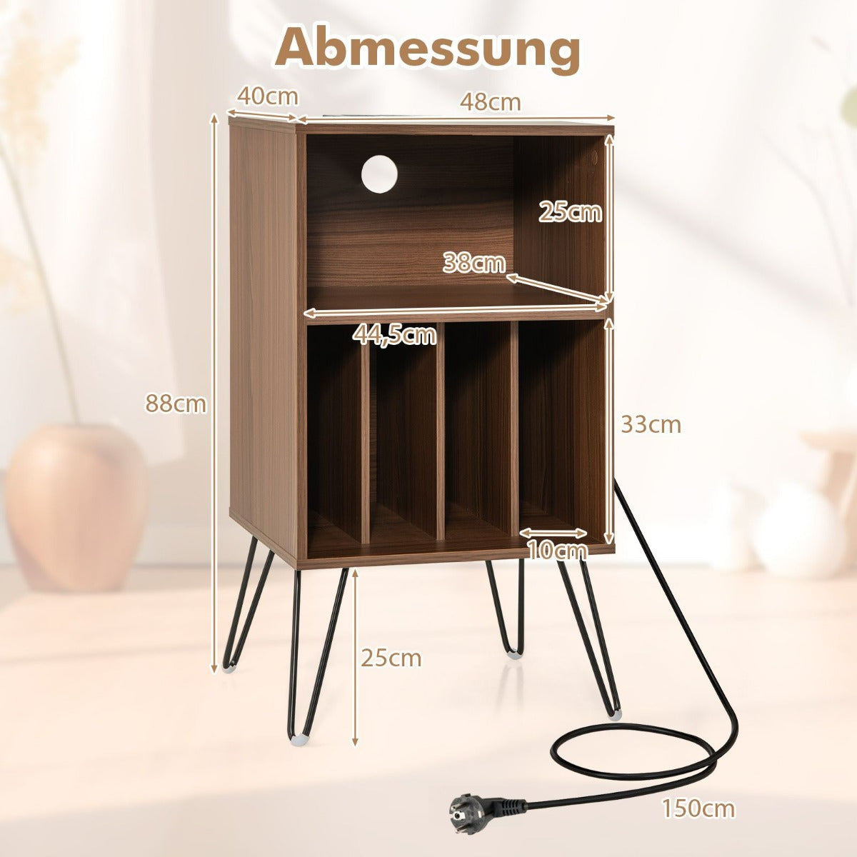 Skivspelarestativ – med laddstation vånings skivstativ – 3 48 x 40 x 88 cm – Valnöt