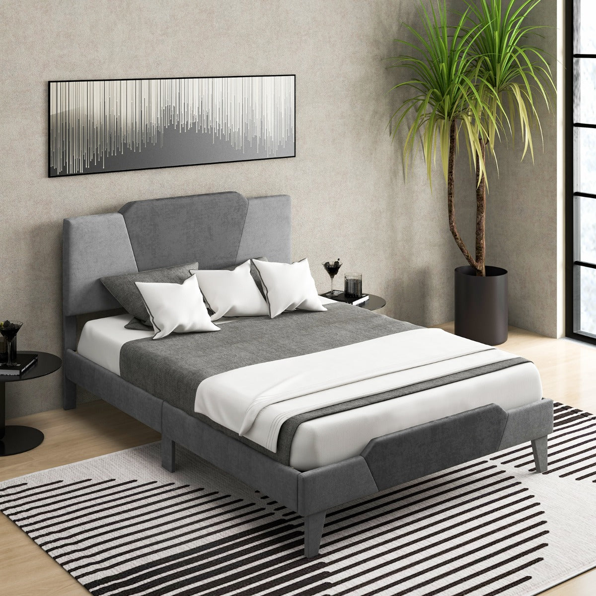 Klädd – plattformssäng i dubbelstorlek Sammetssängstomme med sänggavel av massiva träribbor – 140 x 200 cm – Grå
