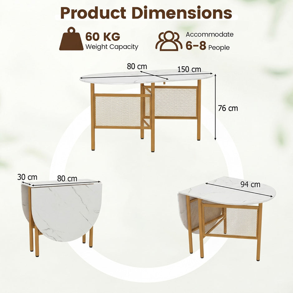 Hopfällbart – matbord för personer platsbesparande köksbord med hopfällningsfunktion Vit+ – 6-8 150 x 80 x 76 cm – Guld
