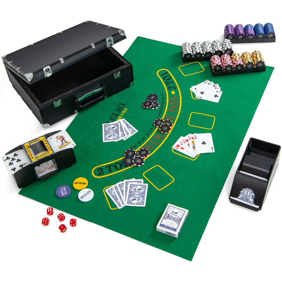 Pokerset – chips pokerfodral med kortlekar tärningar dealerknapp matta kortblandare och kortdealer – 300 2 5 – Svart