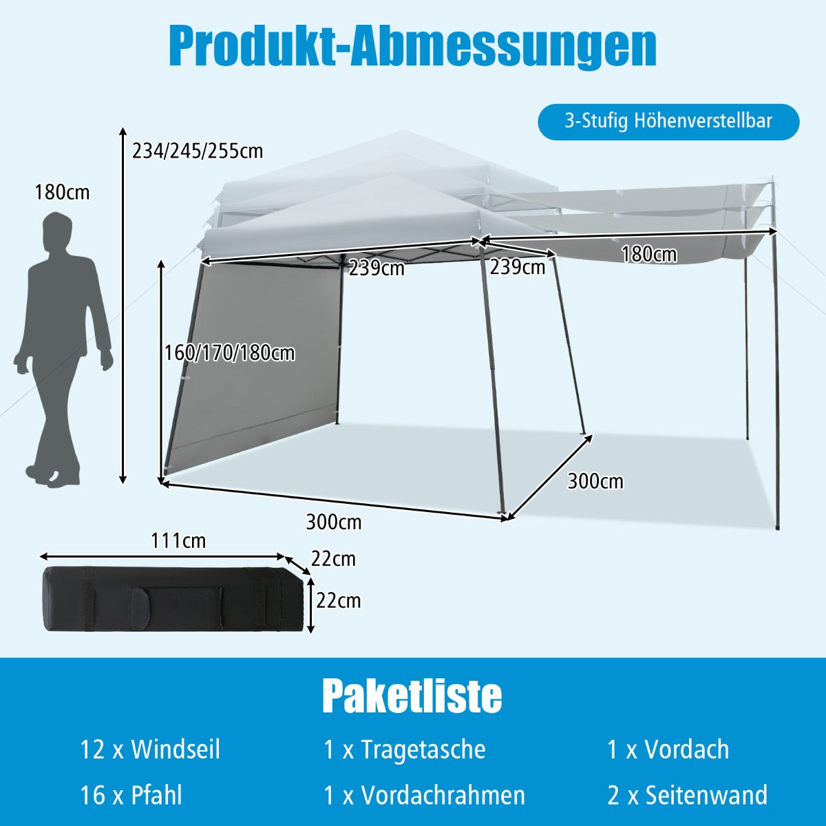 Instant – Pop Up Canopy tält med markiser Utomhussolskydd – 3 x 3 m – Grå