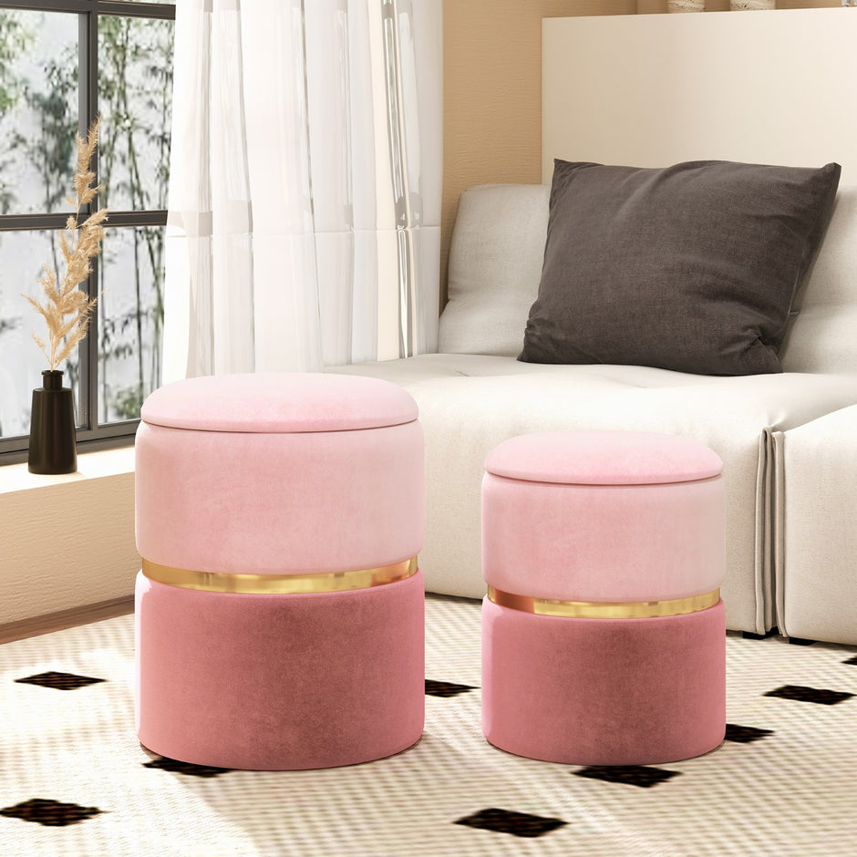 Set – med sammetspallar 32L + 21L förvaringsottomaner rund soffa sidopall – 2 – Rosa