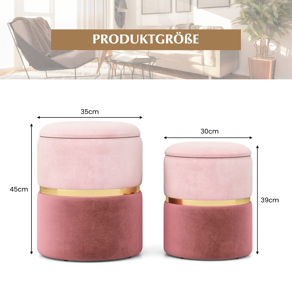 Set – med sammetspallar 32L + 21L förvaringsottomaner rund soffa sidopall – 2 – Rosa