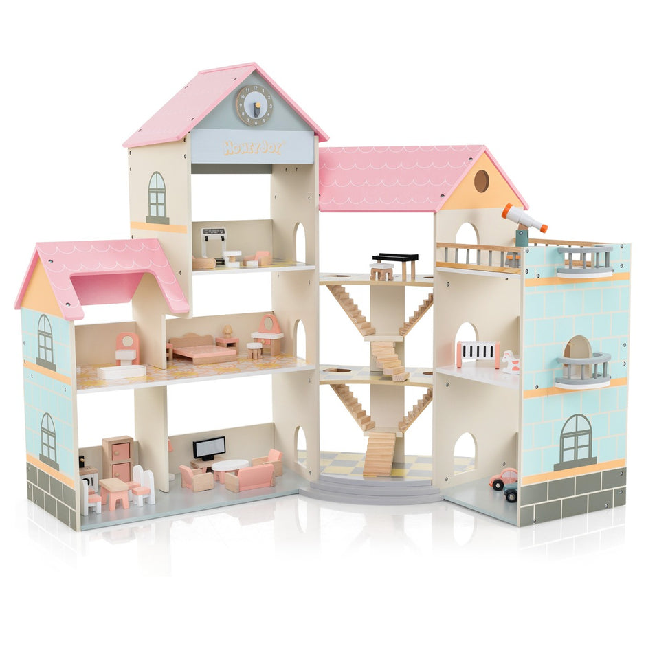 Hörndockhus – i trä med tak och möbler tillbehör Dollhouse DIY drömhus – 41 – Rosa