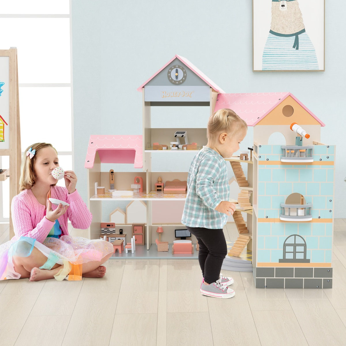 Hörndockhus – i trä med tak och möbler tillbehör Dollhouse DIY drömhus – 41 – Rosa