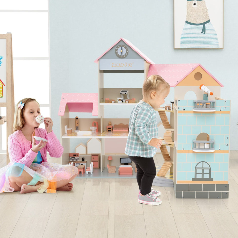Hörndockhus – i trä med tak och möbler tillbehör Dollhouse DIY drömhus – 41 – Rosa